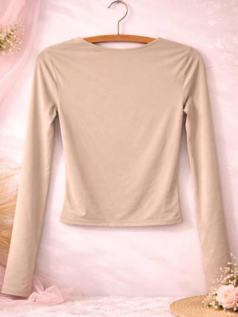 Beige Square Neck Long Sleeve Top M - Picture 2 of 2